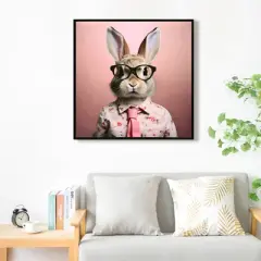 Gulches Stretched Canvas Print - Whimsical Rabbit in Blush Pink Suit for Nursery and Bedroom Wall Decoration