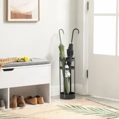 Steel Umbrella Stand with Drip Tray - 4-Hook Organizer for Entryway, Rust-Resistant, Multi-Purpose Storage, Matte Black