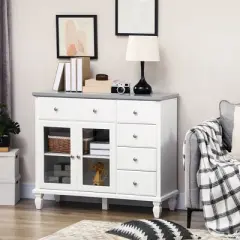 HOMCOM Kitchen Sideboard, Buffet Cabinet with 5 Storage Drawers and Double Glass Door Cupboard for Living Room, White