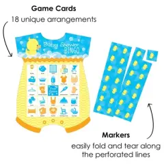 Big Dot of Happiness Ducky Duck - Picture Bingo Cards and Markers - Baby Shower Shaped Bingo Game - Set of 18