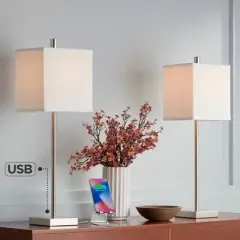 360 Lighting Franco Modern Table Lamps 26 1/2" High Set of 2 Brushed Nickel with USB Charging Ports White Square Shade for Bedroom Living Room Desk