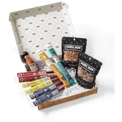 DMSnacks Deluxe Nuts & Exotic Meat Box &ndash; Wild Game Jerky, BBQ Almonds, Texas Peanuts, Spicy & Pepper Beef Sticks, Gourmet Protein Snack Gift Set