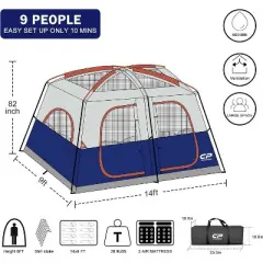 Cesicia 14 FT Navy 9 Person Camping Tent with 6 Large Mesh Windows