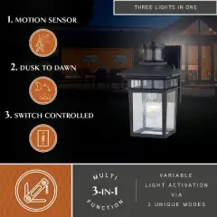 VAXCEL Ridge 6.5-in. W 1 Light Aluminum Black Motion Sensor Dusk to Dawn Outdoor Wall Lantern Clear Glass