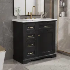 Whisen 36" Bathroom Vanity with Ceramic Sink Top, 4 Drawers & Soft-Close Door, Freestanding Cabinet with Metal Handles, 8" Faucet Holes