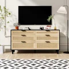 KTMBDW 6 Drawer Double Dresser for Bedroom, Rattan Chest of Dressers