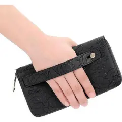 FATMOON Carved Double Zip Wallet for Women,with 4 Full-length Cash Compartments RFID Blocking PU Leather Wristlet Purse Large Capacity Credit