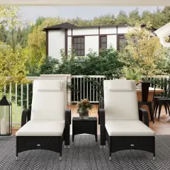 Outsunny Chaise Lounge Set of 2 with 5 Angle Backrest, Wheels, Armrests, Table, Cushions, PE Rattan Wicker Chairs, 3-Piece Pool Furniture Set