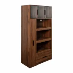 PDTEND 70.87" Freestanding Kitchen Pantry Cabinet with Pull-Out Multi-Tier Storage, Large Drawer, Aluminum Frame Glass Door - Walnut