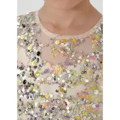 2Bunnies Christmas New Year Holiday Girl Gold Shimmer Sparkle Sequin Dress Puff Sleeve