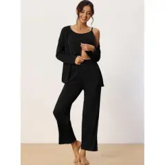 cheibear Womens Modal Knit Soft Long Sleeve Cardigan Cami and Pants Pajama Set 3 Pcs
