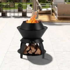 WELLFOR 20" Outdoor Metal Fire Pit Camping Fire Bowl with Pot Holder and Storage Shelf Black