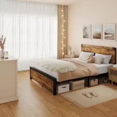 King Bed Frame with Headboard, Full Platform Bed Frame with Under Bed Storage and Metal Legs, Full Size Bed Frame for Noise Free, No Box Spring Needed