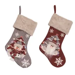Transpac Fabric Light Up Holiday Stocking Set of 2 Christmas Home Decorations Polyester Christmas Stockings