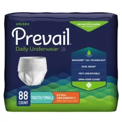 Prevail Daily Underwear Disposable Youth Absorbent Underwear Pull On with Tear Away Seams Small, PV-511, Extra, 88 Ct