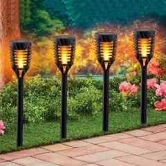 Collections Etc Outdoor Solar Flaming Garden Pathlights - Set of 4