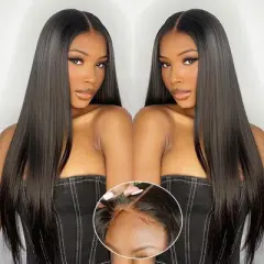 Jessie's Wig 18-38 Inch Straight Glueless Blended Human Hair 4x4 Pre Cut Lace Wig For Women Natural Black 1 Pc/Pack