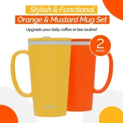 Copco Cone Desk Mug, 16 Ounce (Set of 2) - Double Wall Insulated Mug Set with Lid and Handle, Microwave & Dishwasher Safe, BPA-Free (Orange/Mustard)