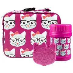 Bentology Kids Lunch Bag Set Kitty w Reusable Hard Ice Pack and Double-Insulated Food Jar - Perfect Lunchbox Kits for Girls Back to School