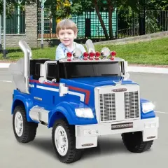 Costway 12V Licensed Freightliner Kids Ride On Truck Car RC w/ Dump Box & Lights Red\Blue
