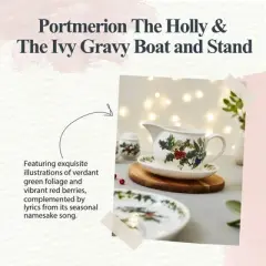 Portmeirion The Holly and The Ivy Gravy Boat & Stand - 33 Oz. Capacity, Elegant Earthenware Holiday Pitcher with Holly D&eacute;cor, Dishwasher Safe