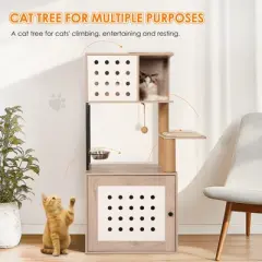 ORRD  Modern Cat Tree w/Litter Box Enclosure, Hammock, Bed, Scratching Posts & Food Station &ndash; Gray+White