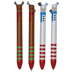 Holiday Reindeer & Snowman Pens (2 Pack) - Retractable, 2-Color Ink, Cute Winter Designs (5.5 Inch)