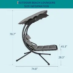 Hanging Chaise Lounge Swing Chair with Canopy, Curved Steel Hammock Lounger for Indoor and Outdoor Use, Patio, Pool, Garden