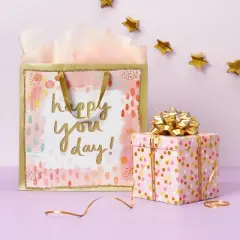 Large Happy You Day Watercolor Gift Bag - Spritz&trade;: Multicolor Birthday Typography, 15"x15"x8"