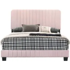 Passion Furniture Lodi Pink Velvet Upholstered Channel Tufted Queen Panel Bed