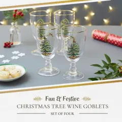 Spode Christmas Tree Gold 16oz Pedestal Goblets (Set of 4) - Gold Rimmed Glasses, Festive Holiday Drinkware for Christmas Dinner, Wedding Gifts