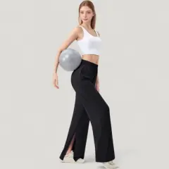 Anna-Kaci Active Women's Wide Leg Lounge Pants with Elastic Waistband and Side Slit Hem Detail