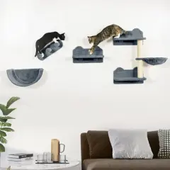 SKYONE Wall-Mounted Cat Furniture Set: Hammock, Scratching Post, Nest & Platforms for Small Spaces,