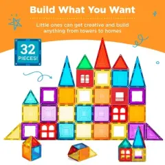 Best Choice Products 32-Piece Colorful Kids Mini Magnetic Tiles Educational STEM Toy Set w/ Carrying Case, Rounded Edges