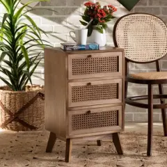 Baden Wood with Rattan 3 Drawer Nightstand Walnut Brown - Baxton Studio