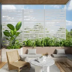 Pexfix 72 x 47 Inch Metal Privacy Screen Freestanding Outdoor Divider Panel For Patio Deck Balcony Heavy Duty Base Weatherproof White Jungle