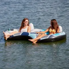 Bestway CoolerZ Rapid Rider Inflatable 2 Person Blow Up Pool River Tube Lake Lounger Float with Cup Holders, Handles, Backrest and Mesh Bottom, Blue