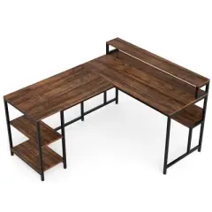 Resenkos Computer Desk, Gaming Desk,Reversible L-Shaped Desk, 59" Corner Desk with Shelves & Monitor Stand,Brown