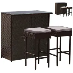 Costway Patio 3PCS Rattan Bar Table Stool Set Cushioned Chairs with  Cover