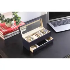 Gulches 9.3" Long Tempered Glass and Leather Jewelry / Watch Display with Drawers, Blue