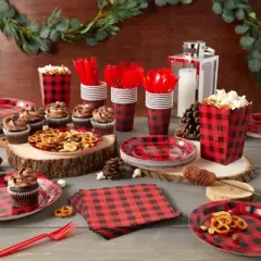 Blue Panda 192 Piece Red Buffalo Plaid Dinnerware Set for Lumberjack Party Supplies (Serves 24)