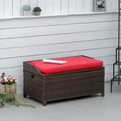 Outsunny Storage Bench Rattan Wicker Garden Deck Box Bin with Interior Waterproof Cloth Bag and Comfortable Cushion
