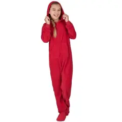 Footed Pajamas - Bright Red Kids Hoodie Fleece Onesie