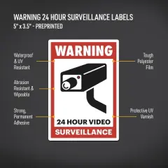 Avery 24 Hour Video Surveillance Warning Labels, Waterproof, UV Resistant, Preprinted, 5" X 3.5", 8 Labels