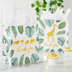 Juvale 12 Pack Safari Party Thank You Bags with Tissue Paper, Wild One Birthday Decorations for Girls and Boys, 8 x 9 x 4 in