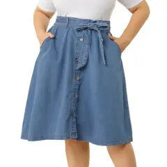 Agnes Orinda Women's Plus Size Denim Tie Waist Button Front A-Line Midi Skirts