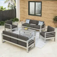 Christopher Knight Home Eleanor Outdoor Aluminum 8 Seater Chat Set with Cushions, Khaki/Silver