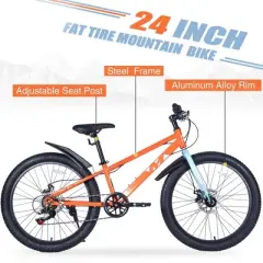 NAYSAYE Bicycle 24 Inch Fat Tire Mountain Bike 7 Speed for Boys and Girls for Beach and Snow, Orange, 64.17"*24.8"*35.04"