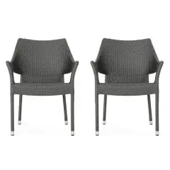 Stackable Wicker Patio Arm Chairs with Iron Frame, PE Rattan Weather Resistant Outdoor Armchairs for Garden Balcony-Coolbibila