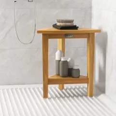 Tangkula Shower Stool Teak Wood Corner Bath Stool w/ Storage Shelf Shower Seat Chair